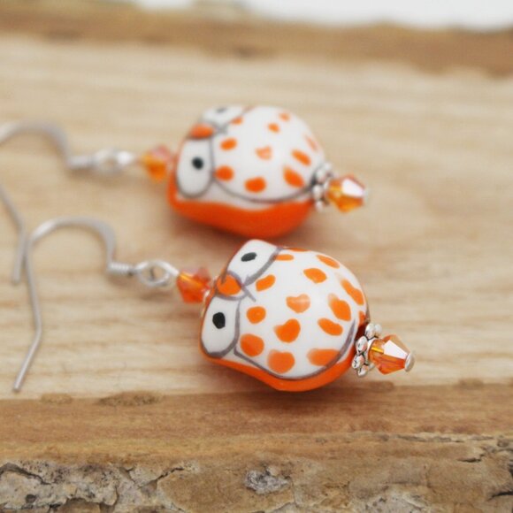 Orange Hand Painted Porcelain Owl Beaded Earrings - Handmade & Hypoallergenic - Picture 5 of 7